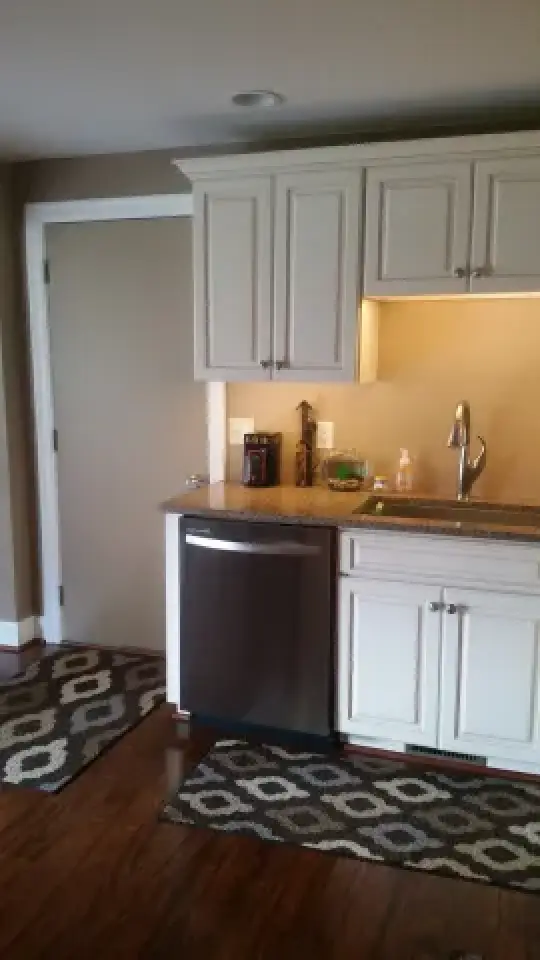 Small kitchen with white cabinets, a stainless dishwasher, rugs, and a closed beige door.