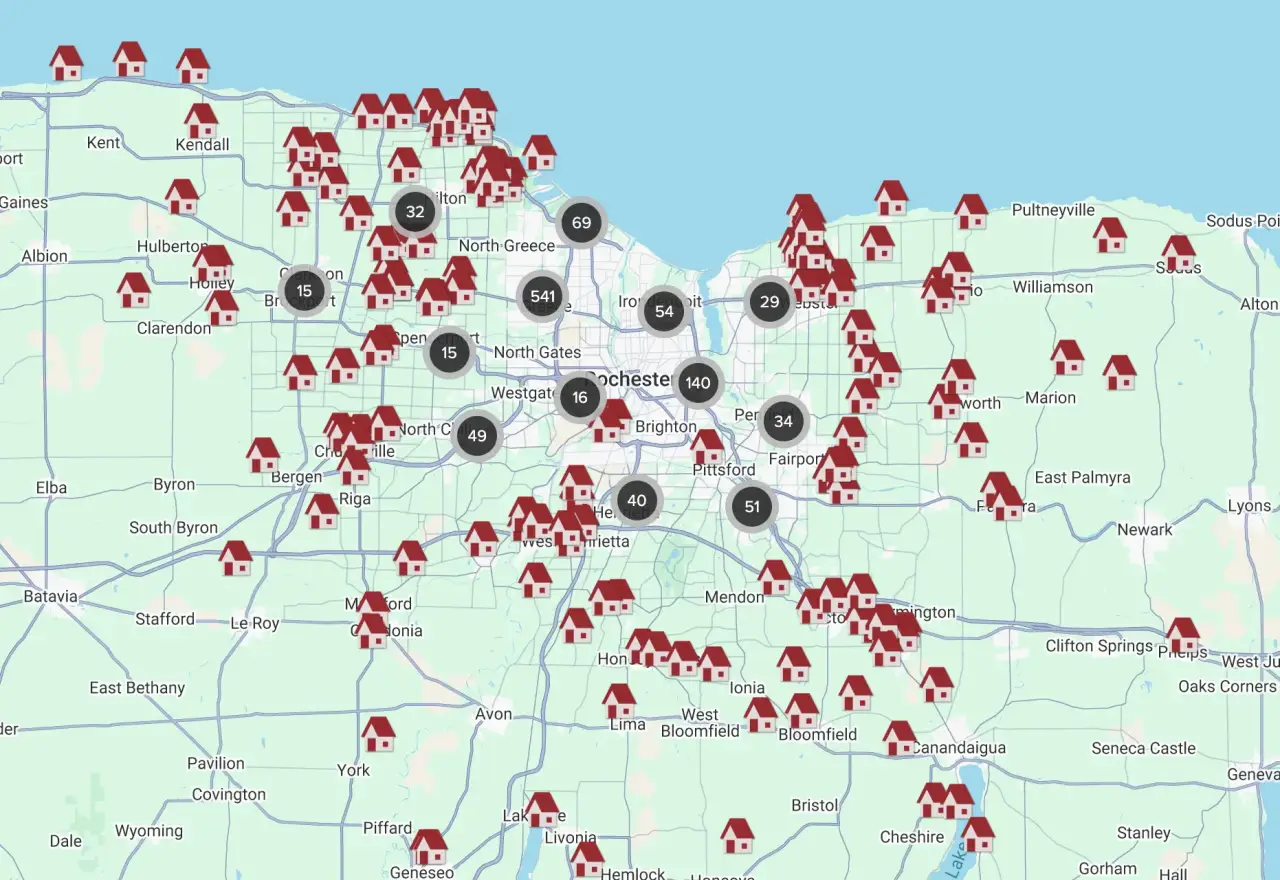 Interactive map of American Custom completed projects, shown on mobile