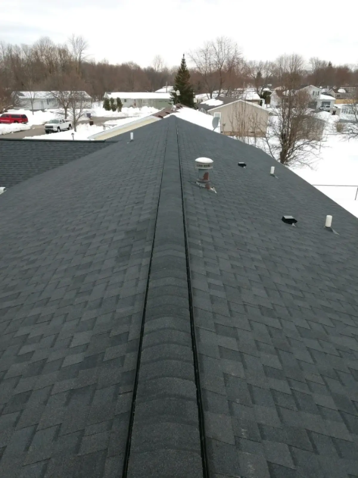 Dark shingled roof with vents, surrounded by snow-covered ground and houses in the background.