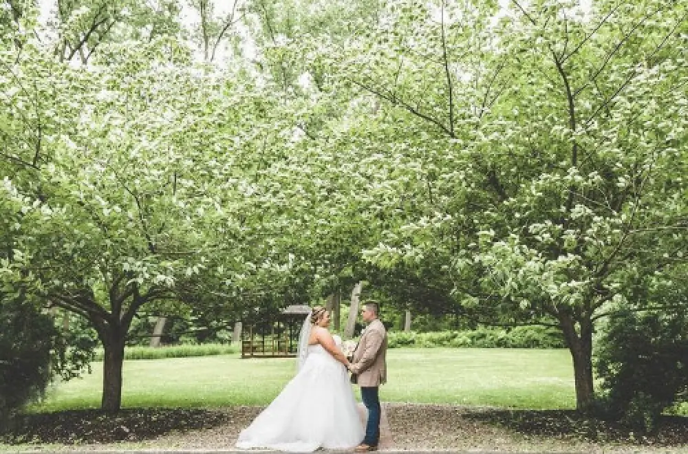 bride groom under canopy of trees