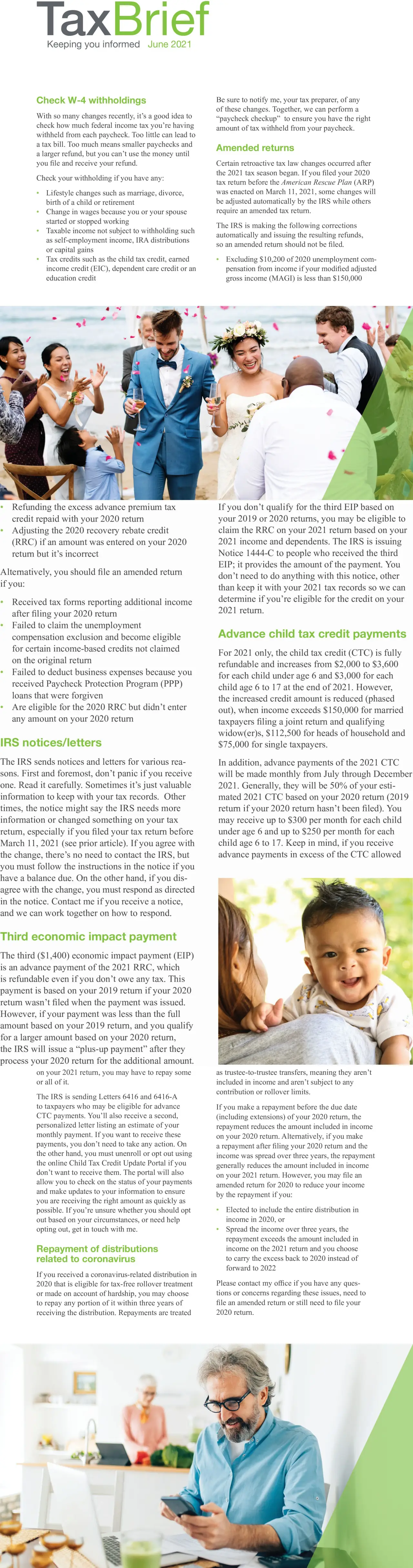 TaxBrief June 2021 newsletter preview with tax topics and photos.