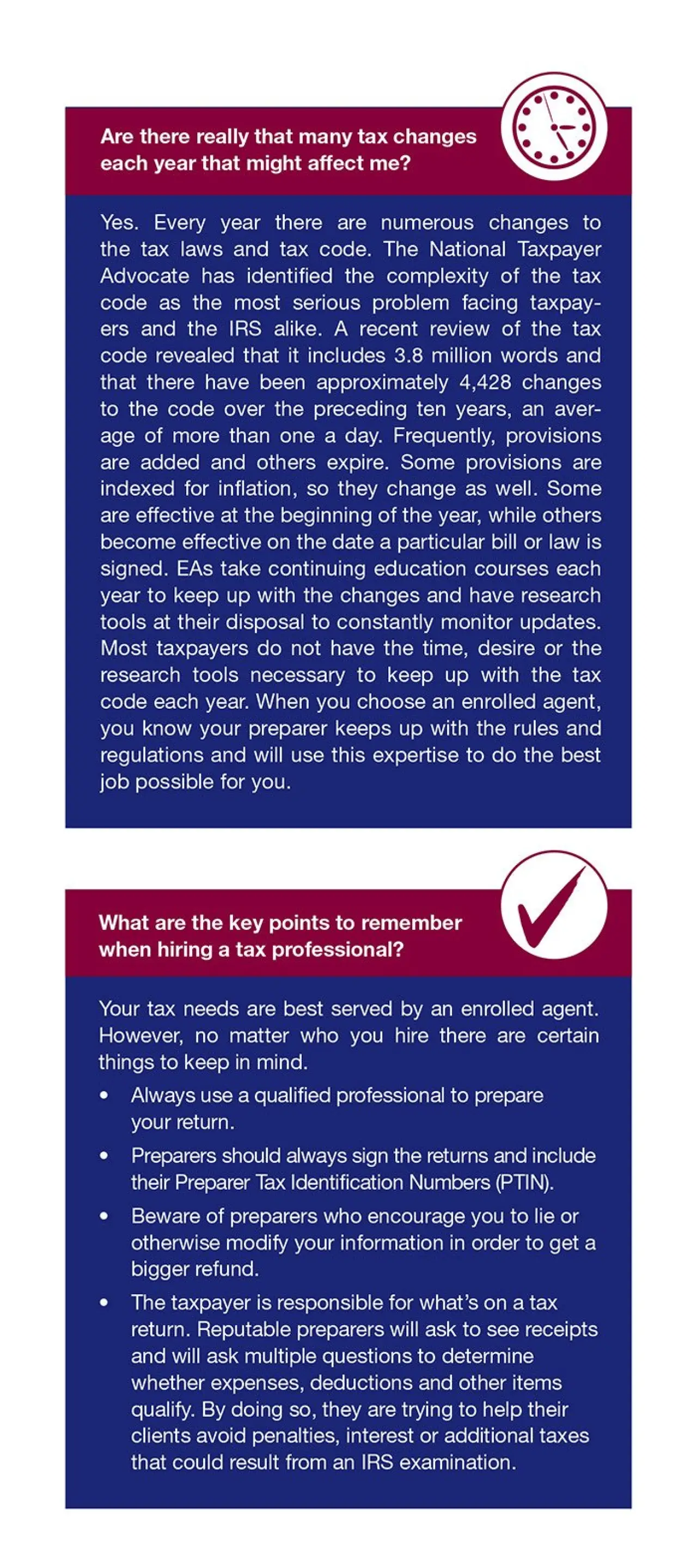 Brochure explaining yearly tax changes and hiring a tax professional.