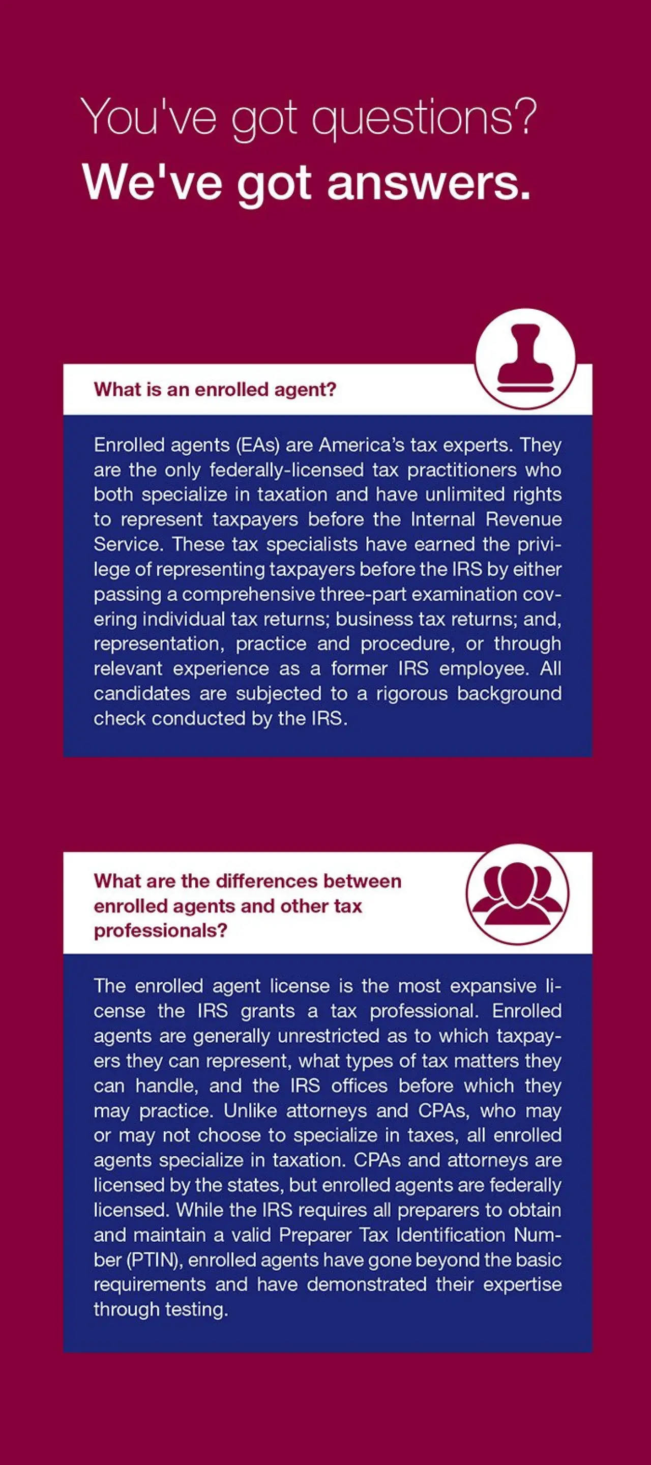 Enrolled agent brochure explaining IRS tax representation qualifications.