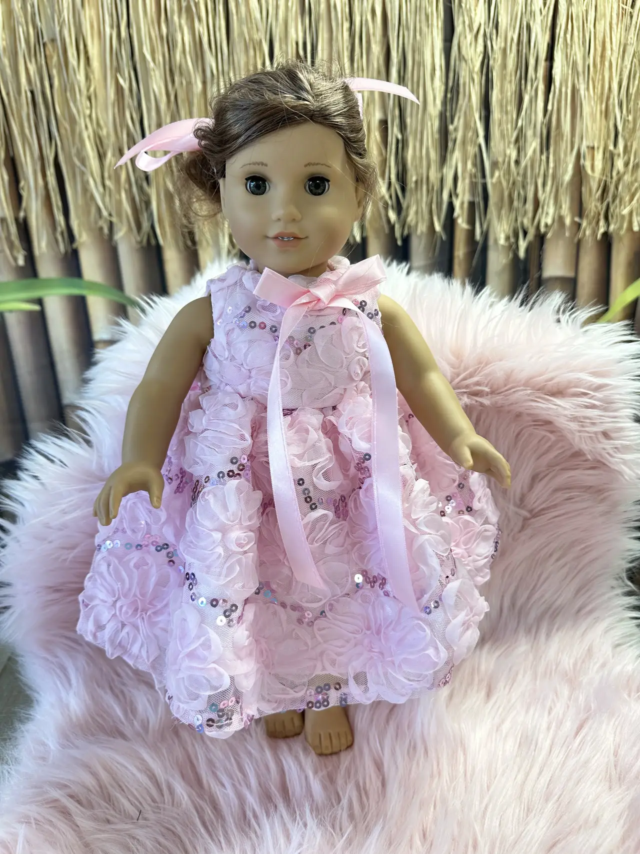 Beautiful pink rosette sequin doll dress