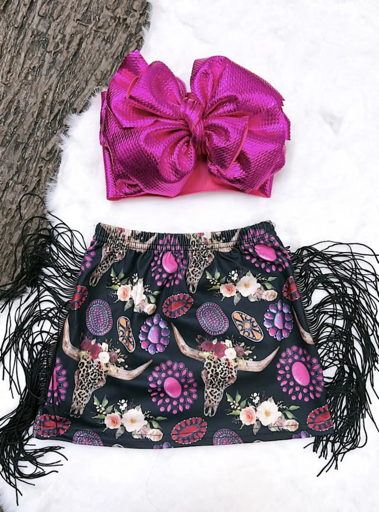 Black fringe skirt with fuchsia poncho print and cheetah cow skull