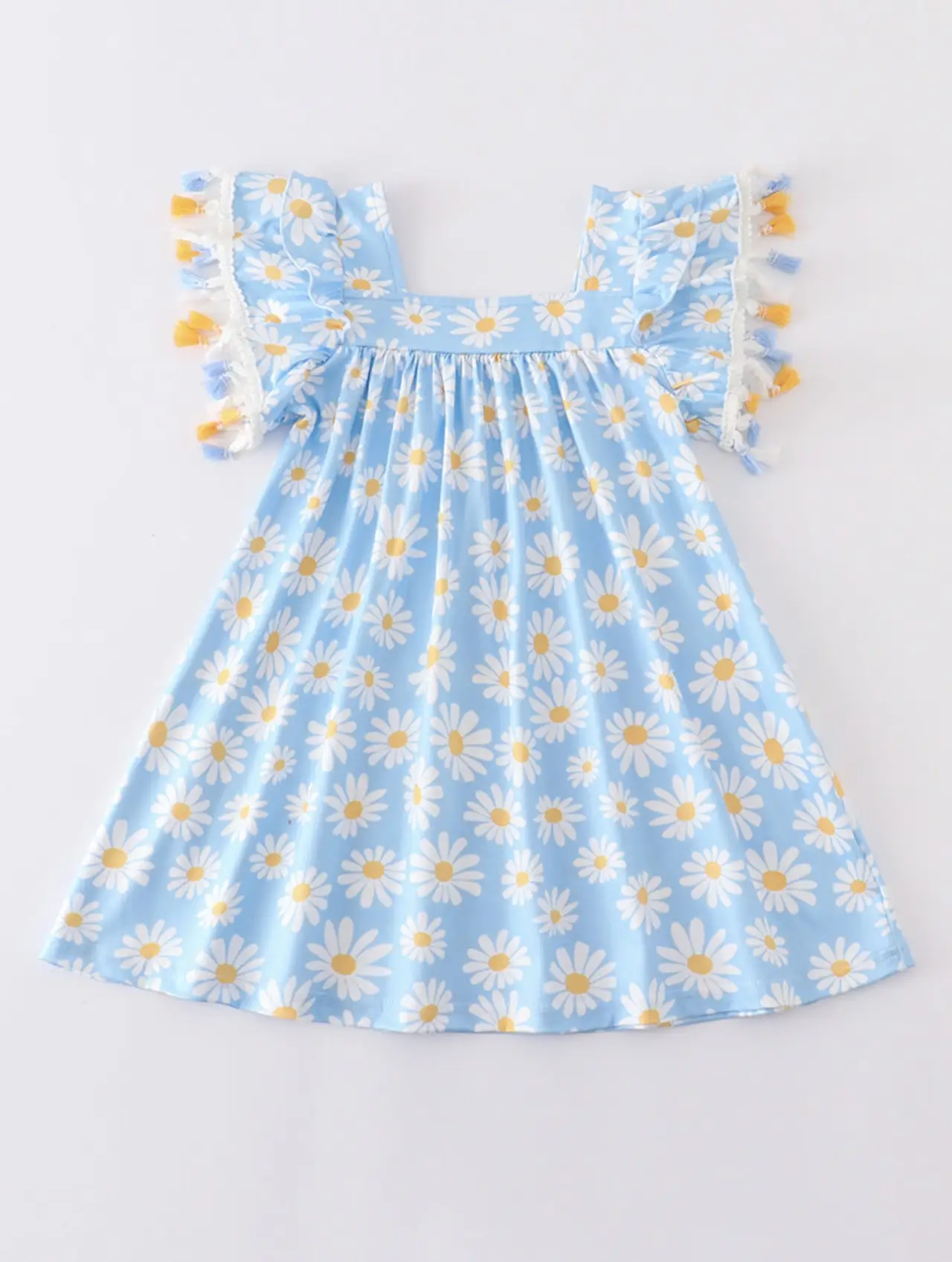 Light blue dress with daisies and tassels on the ruffle sleeves