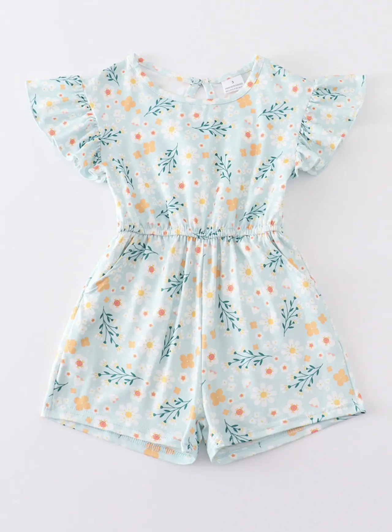 Sweet light blue romper with ruffle sleeves and flowers