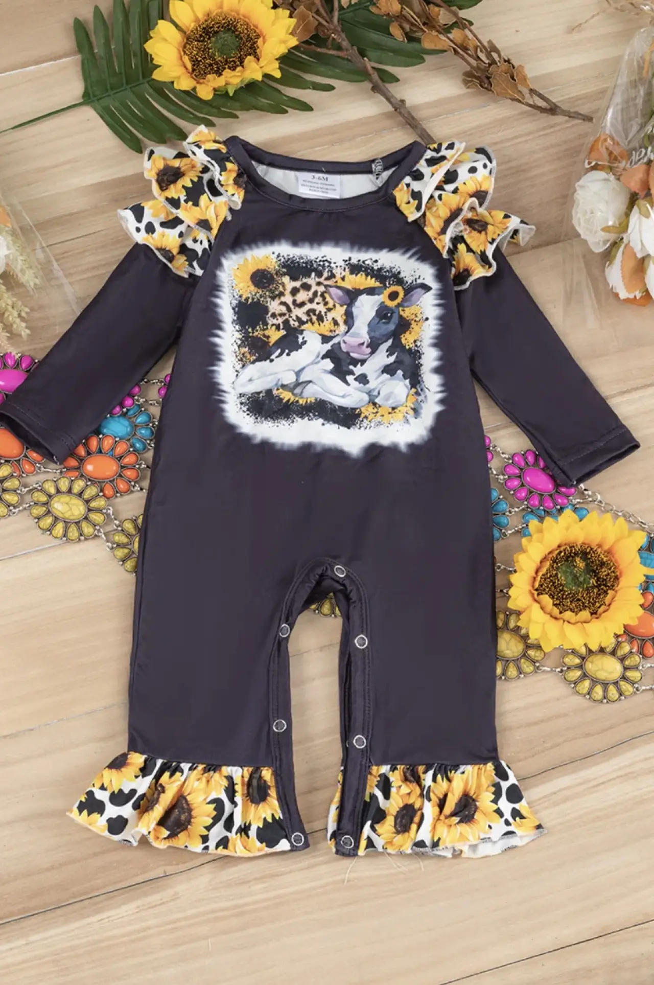 Cow & Sunflower printed infant. baby romper