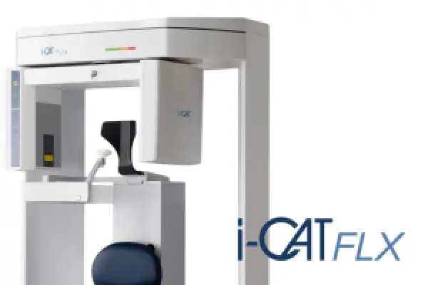 White i-CAT FLX dental imaging machine with blue headrest and logo on a plain background.