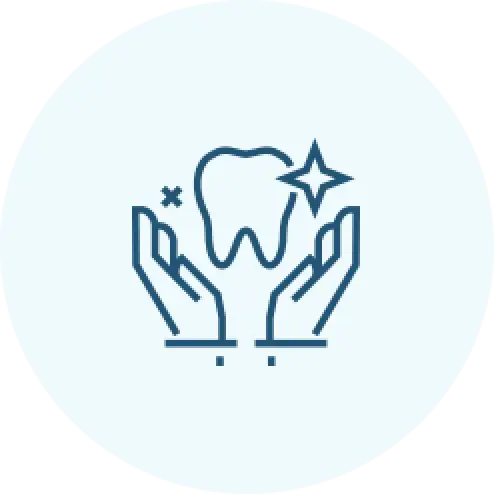 Two hands holding a clean, sparkling tooth with star and cross symbols around it.