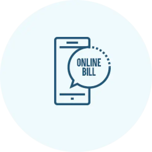 Icon of a smartphone with a speech bubble that says ONLINE BILL on a light blue background.
