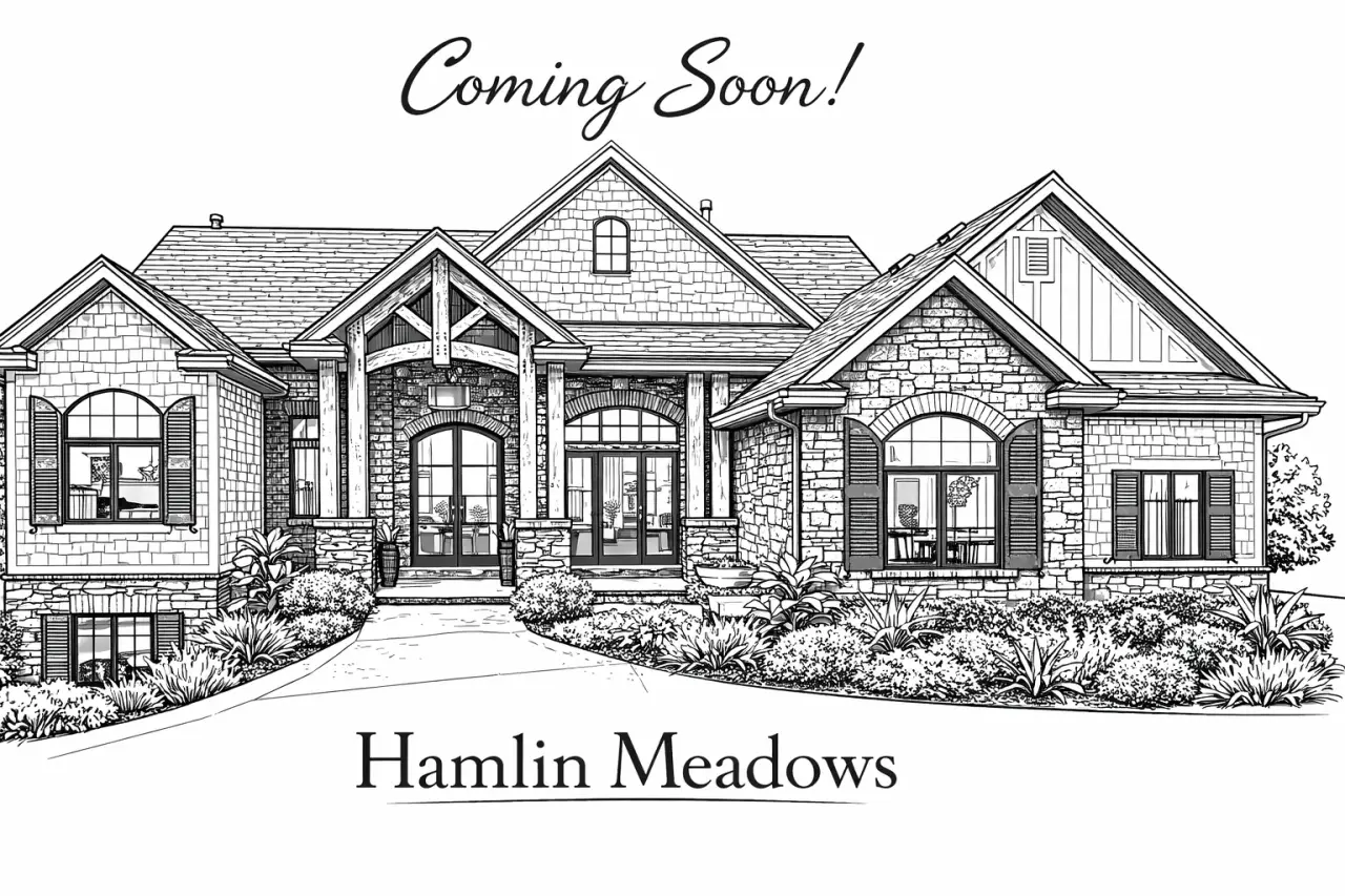 Black and white drawing of a large house with text: Coming Soon Hamlin Meadows.