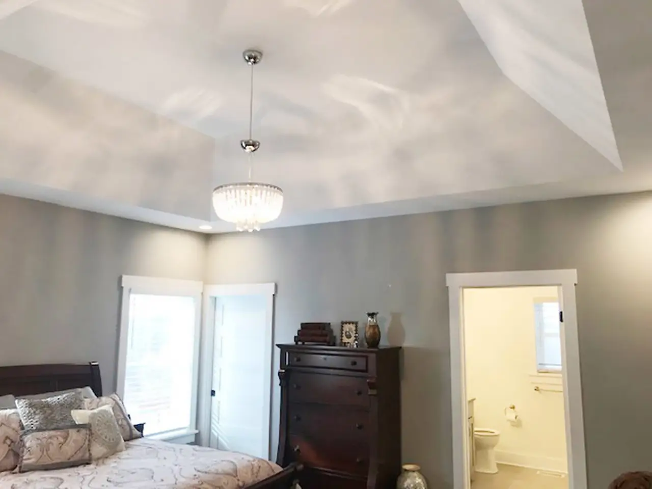 Beautiful ceiling in master bedroom of custom built home by Sortino Properties in Livonia NY.