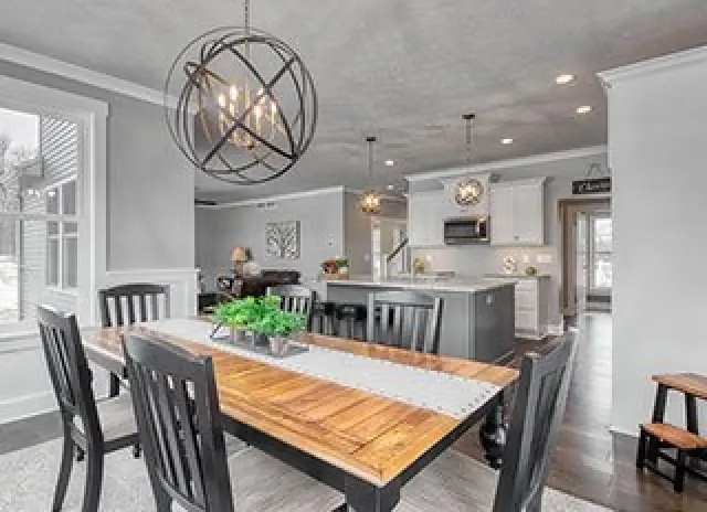 gray industrial farmhouse kitchen and dining room