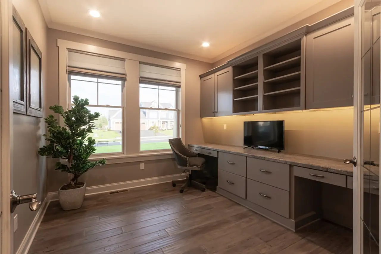 Office with beautiful built-ins in a custom home by Sortino Properties in Rochester NY.