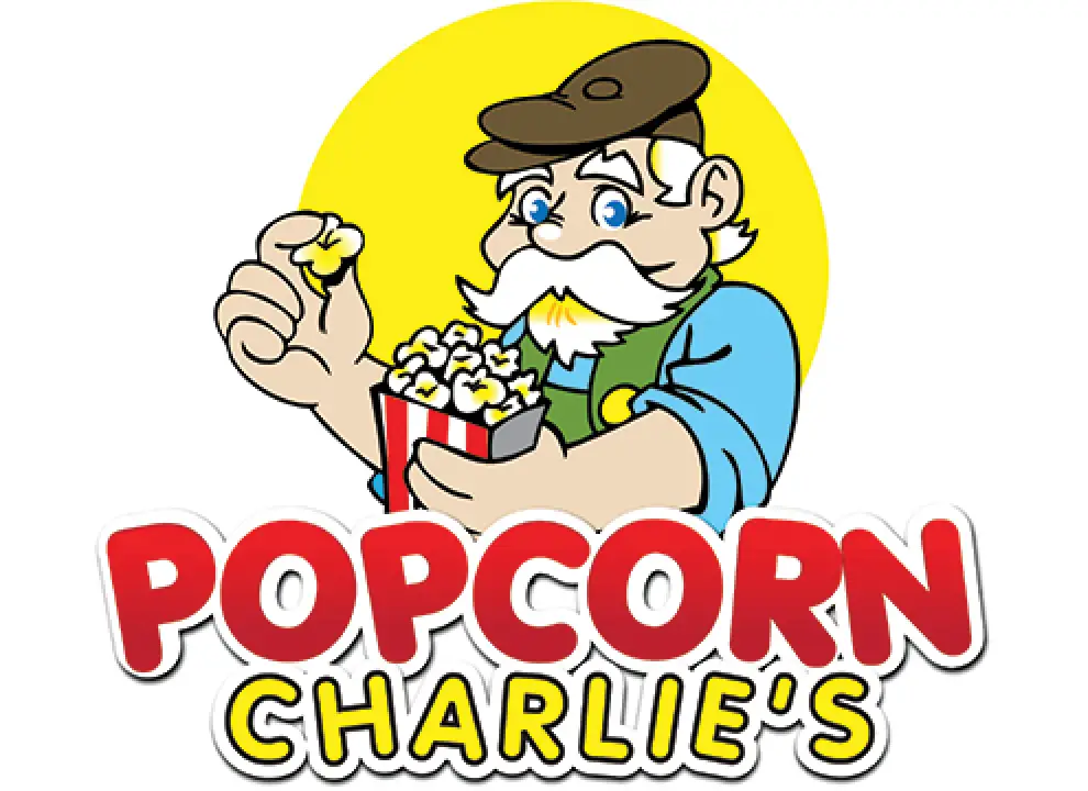 Cartoon man with mustache eating popcorn from a red box, with Popcorn Charlies text below.