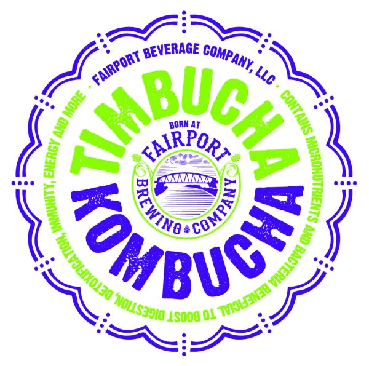 Circular Timbucha Kombucha logo in green and blue with Fairport Brewing Company text.