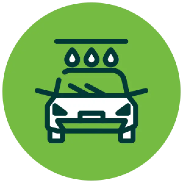 Icon of a car being washed with water droplets on a green background.