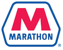 Red M above blue Marathon inside blue-trimmed hexagon, Marathon Petroleum logo.