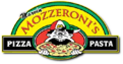 Logo for Mozeronis Pizza Pasta featuring a chef holding a pizza, with green and yellow accents.