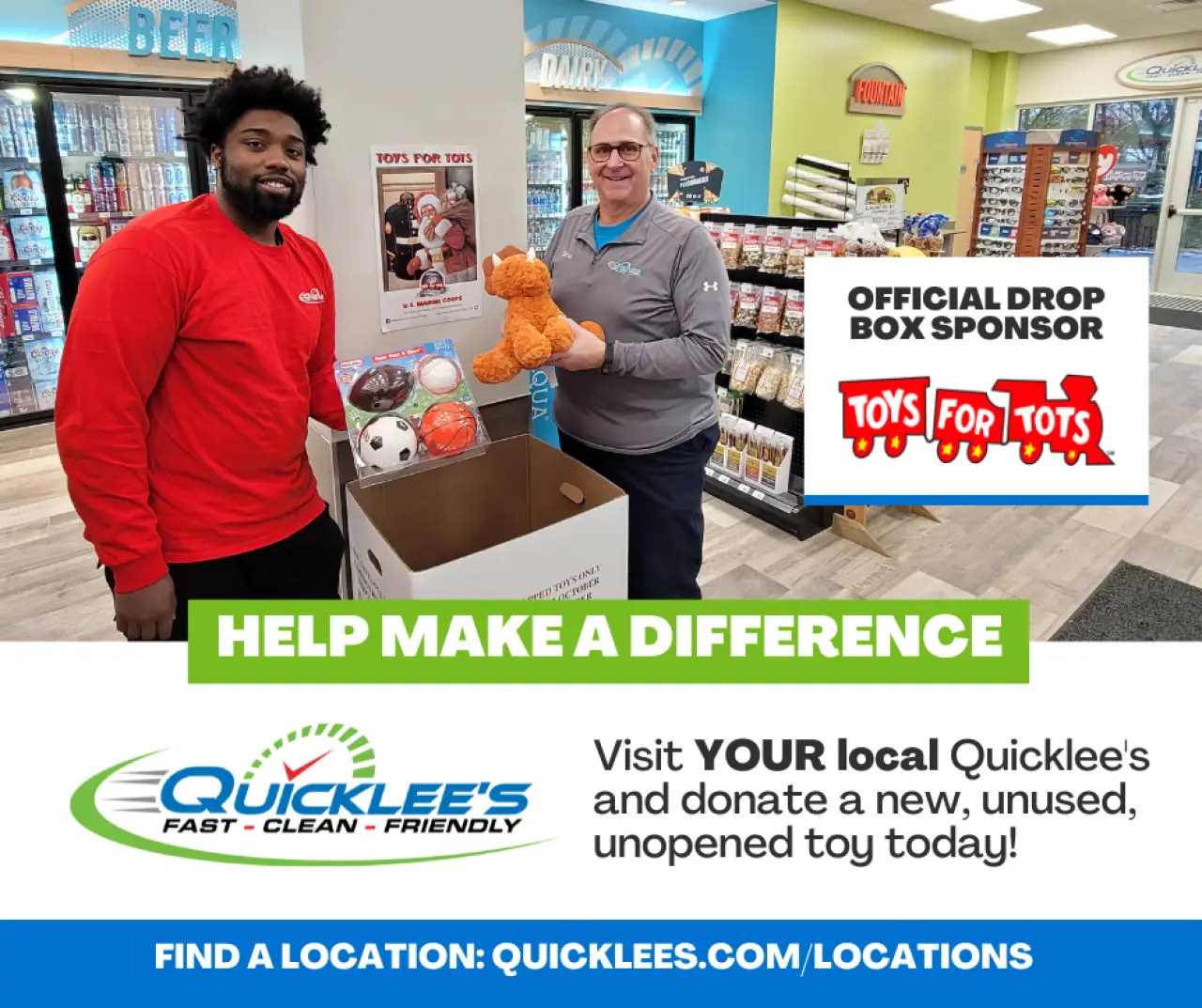 Two men stand by a Toys for Tots donation box inside a Quicklee's convenience store.