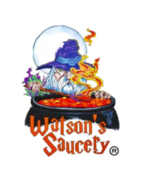 A wizard in a purple hat stirs a bubbling cauldron above the words Watsons Saucery.