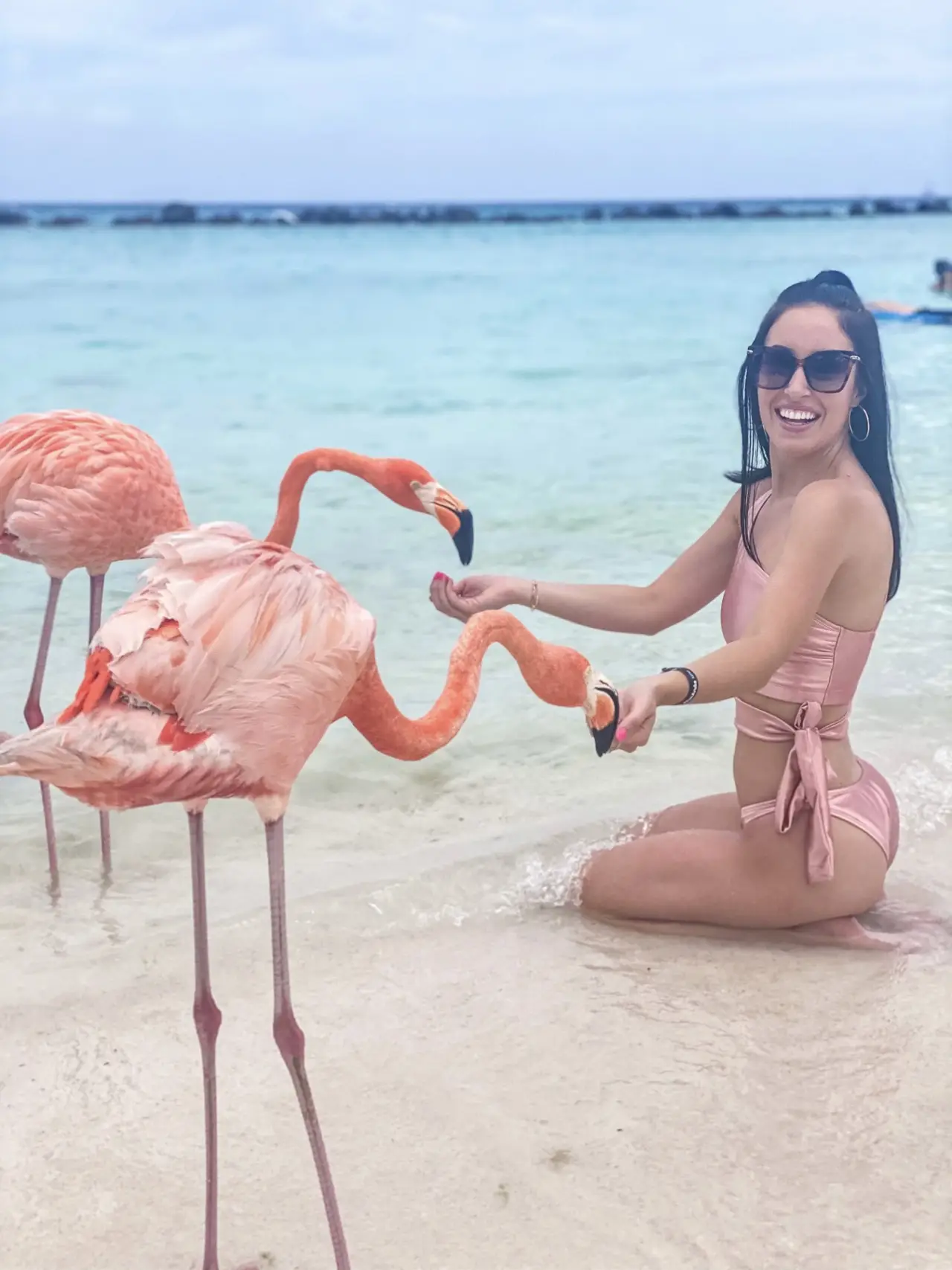 a woman posing with flamingos