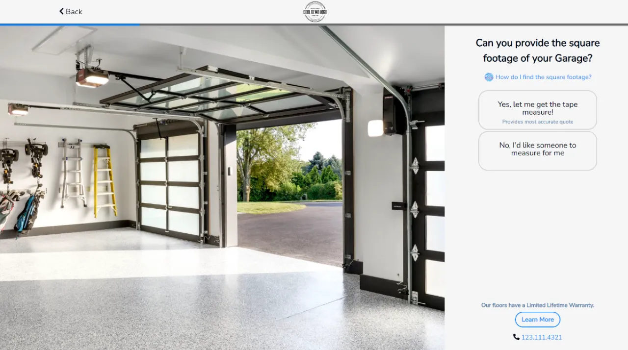 FairQuote custom garage service survey asking a customer for job square footage