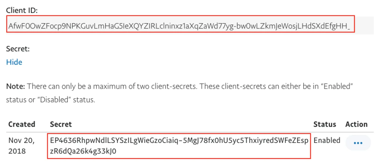 PayPal developer dashboard showing application credentials