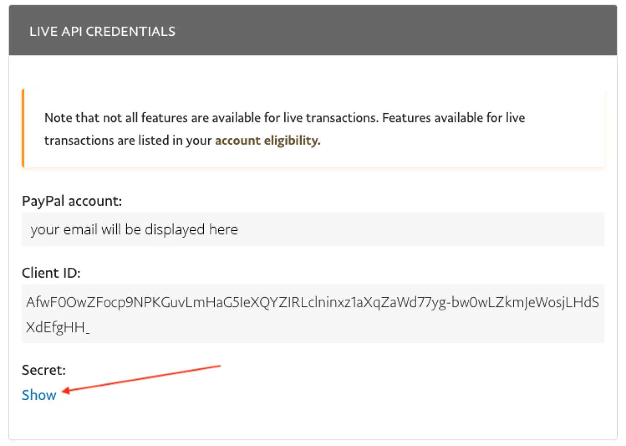 PayPal developer dashboard showing the Client Secret control