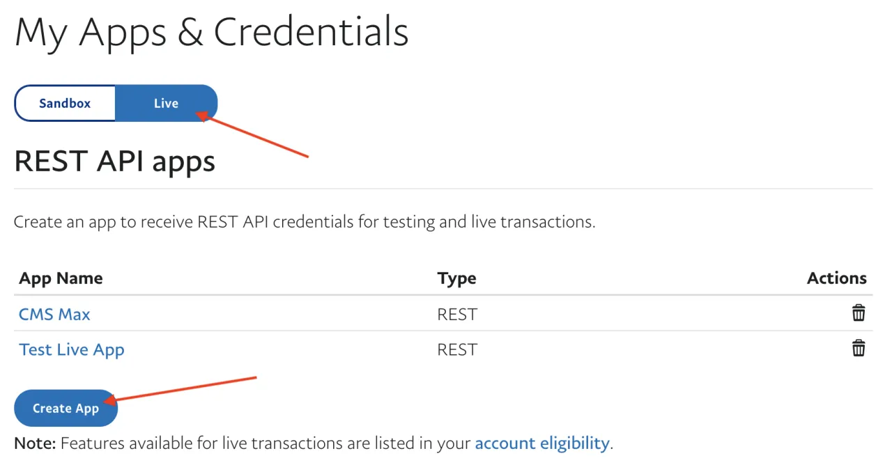 PayPal developer dashboard showing the create application workflow