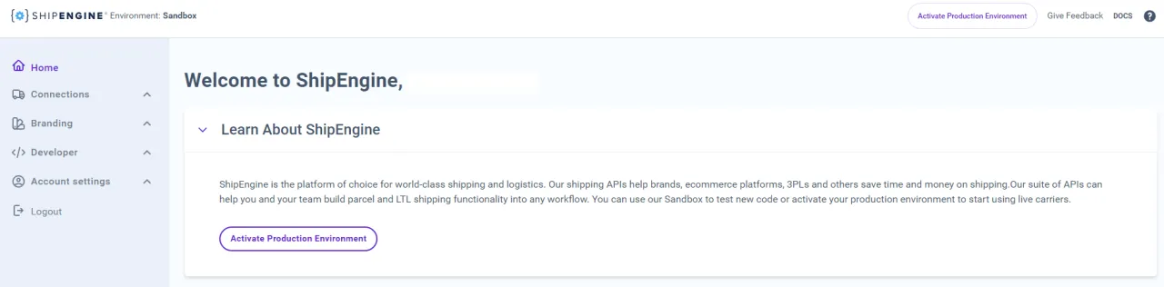 ShipEngine account activation screen used before production API access
