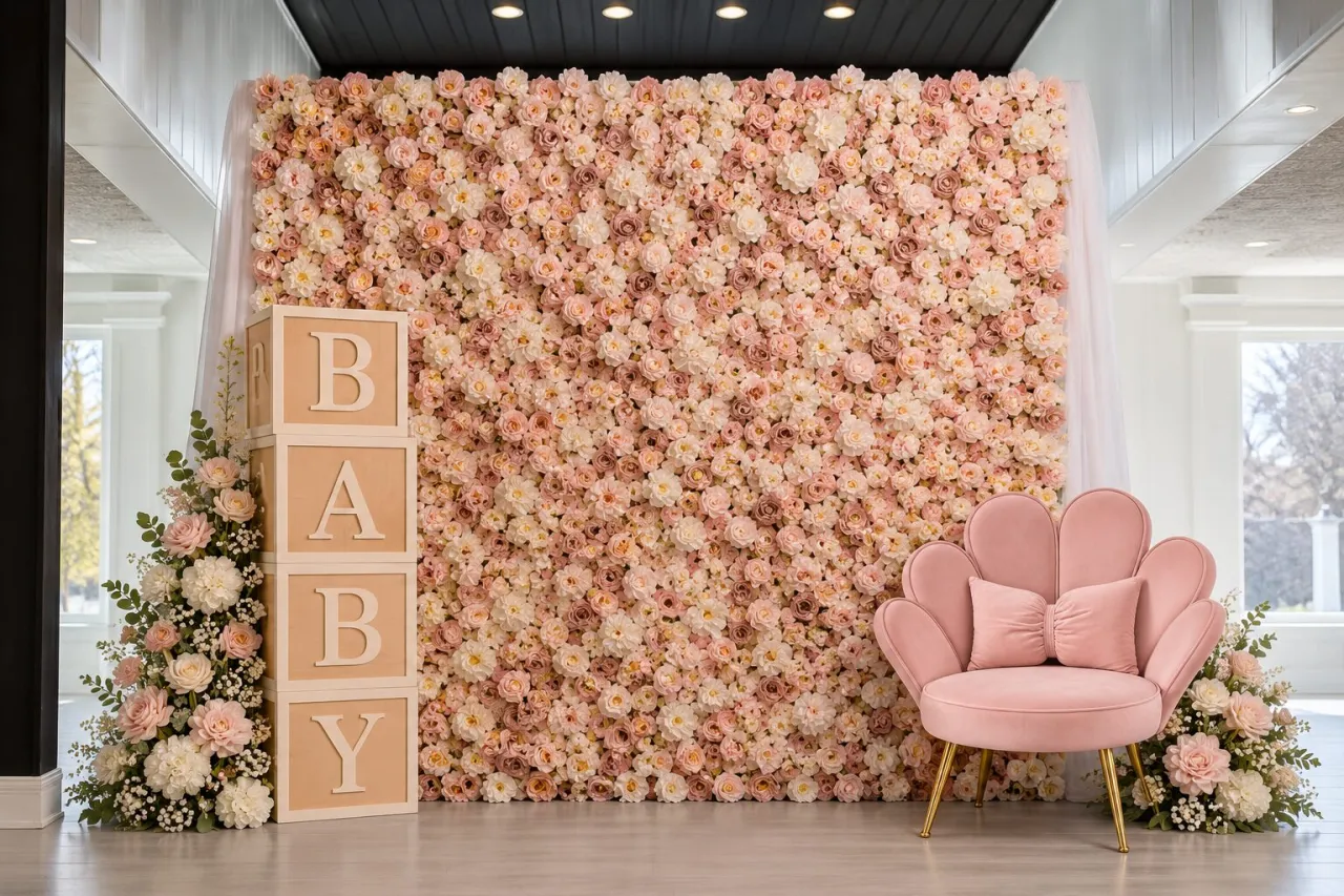 Styling concept of BABY block letters with a blush flower wall and pink scalloped chair