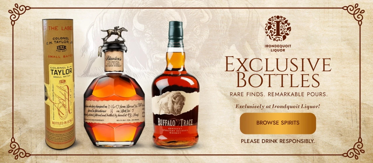 Three exclusive whiskey bottles displayed with a Browse Spirits button and Irondequoit Liquor logo.