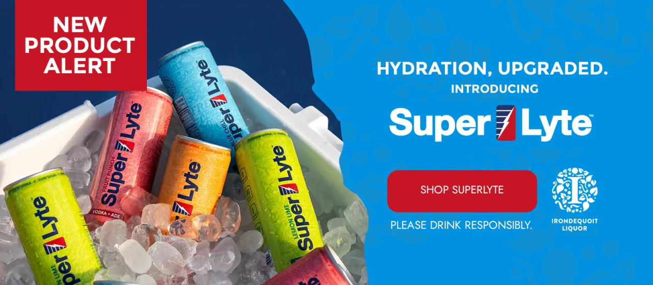 Cans of SuperLyte drink in ice, with text promoting a new product and hydration upgrade.