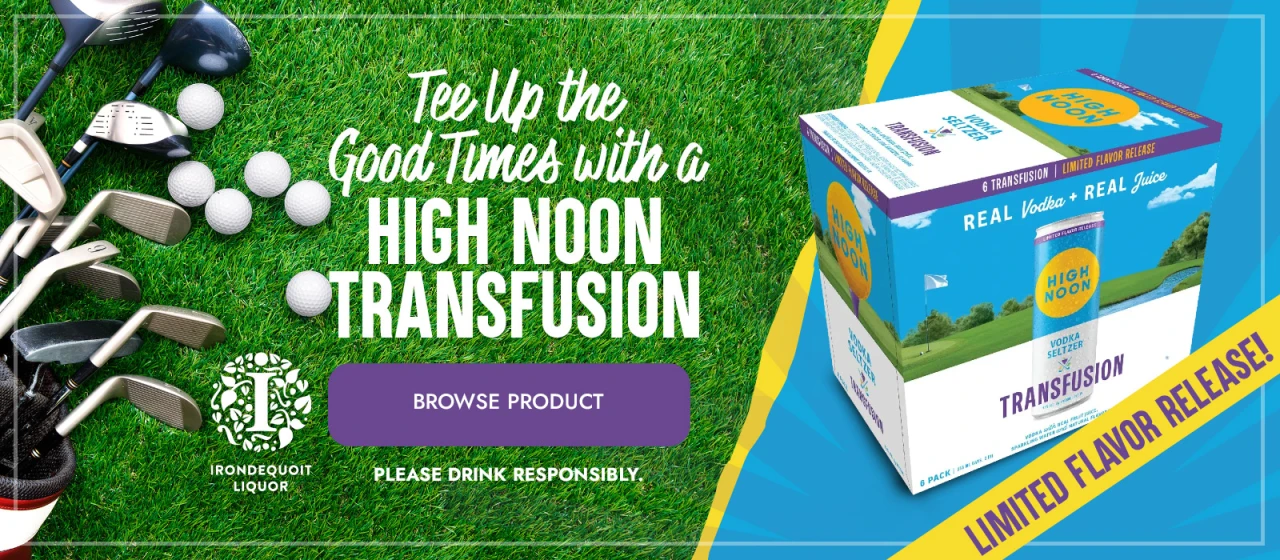 Golf clubs and balls on grass, with a High Noon Transfusion drink pack and Limited Flavor Release