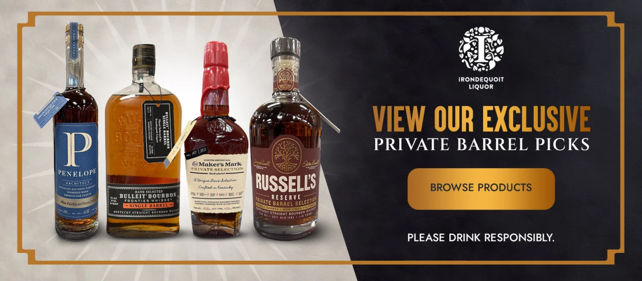 Four whiskey bottles beside a sign reading “View Our Exclusive Private Barrel Picks” and a logo.