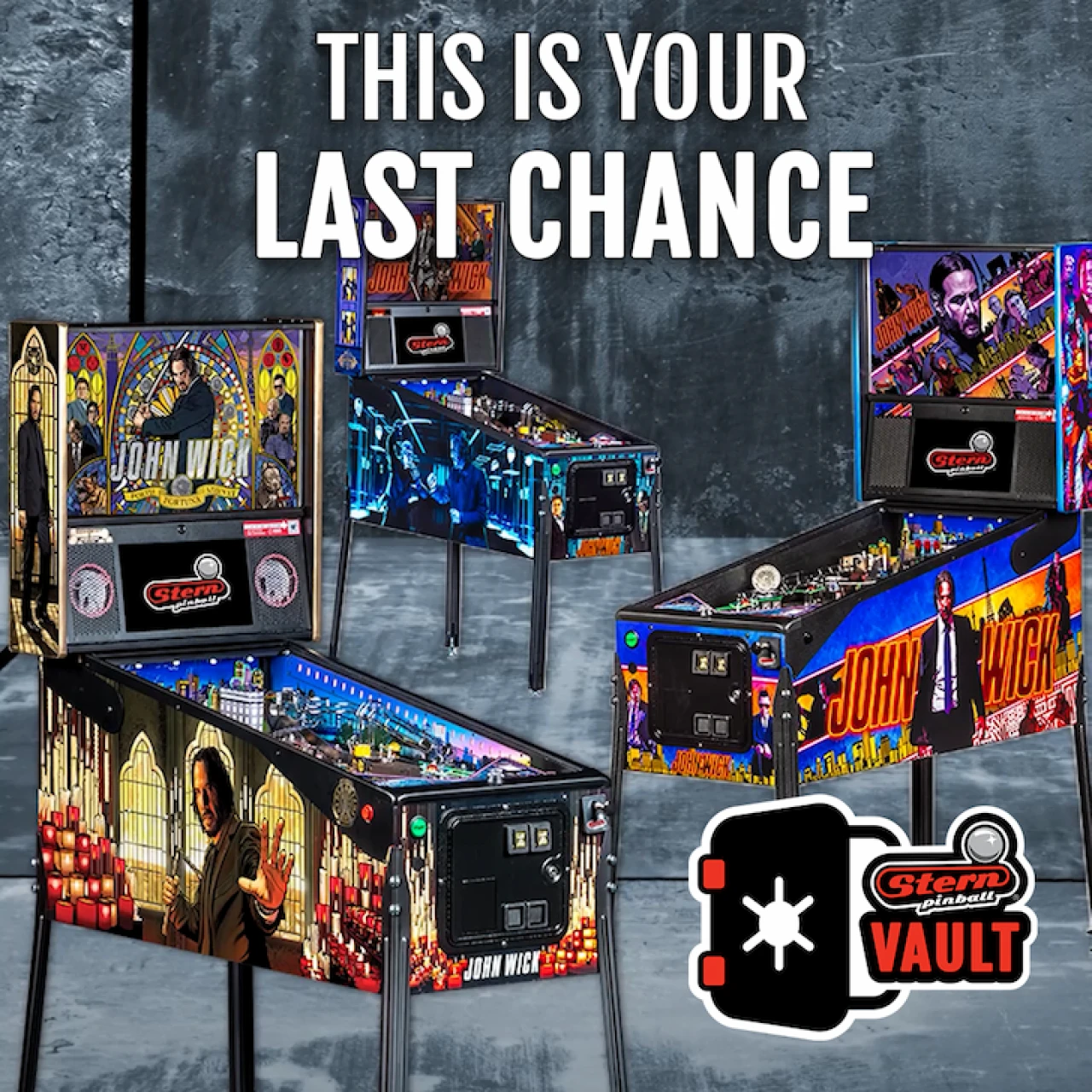 Official Stern John Wick Vault Spotlight artwork showing Pro, Premium, and Limited Edition machines