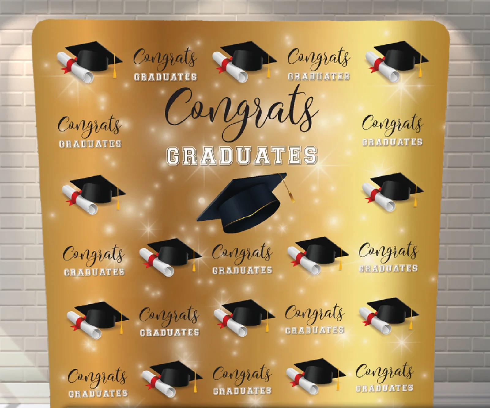 Golden Grads premium tension fabric backdrop rental