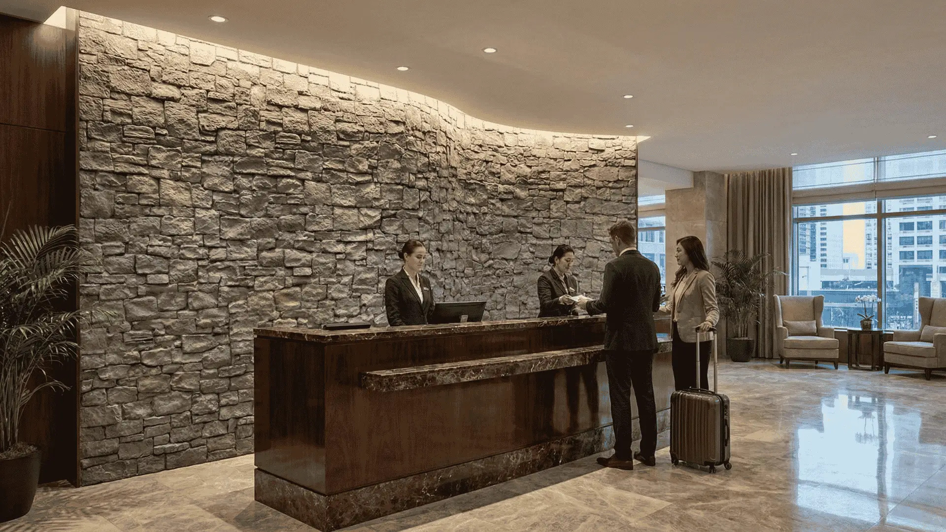 Faux stone wall panels installed in a hotel lobby feature wall