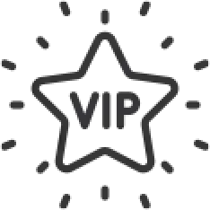 Outline of a star with VIP inside and small lines radiating outward from the star.
