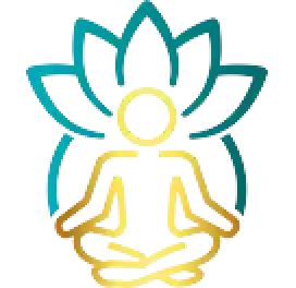 Outline of a person meditating in front of a stylized lotus flower with teal and yellow colors.