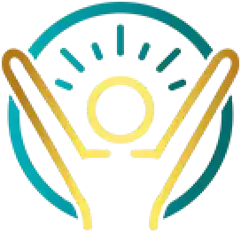 Two hands framing a sun with rays, enclosed in a partial teal circle on a light background.