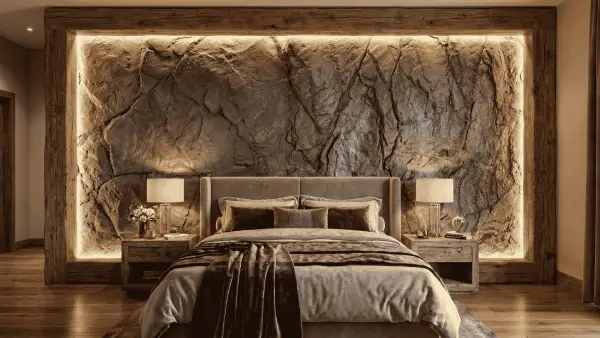 Faux stone wall panel as a bedroom accent wall behind a bed