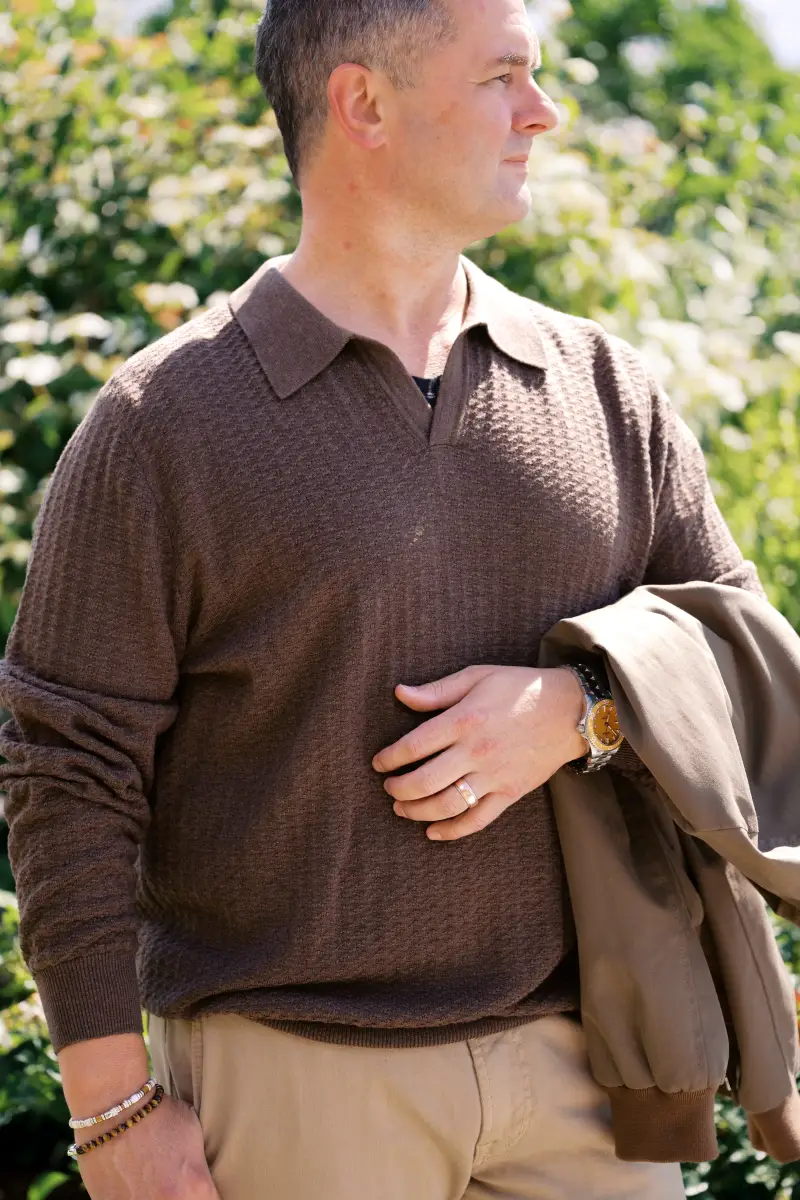 Custom men's sweater styled for a relaxed Finger Lakes lake outing