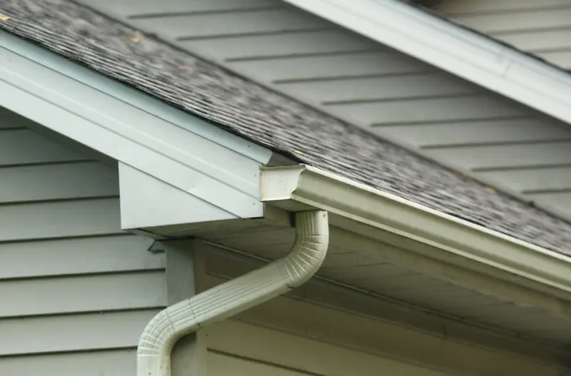 Close-up of a house’s roof, gutter, and downspout against light gray siding.