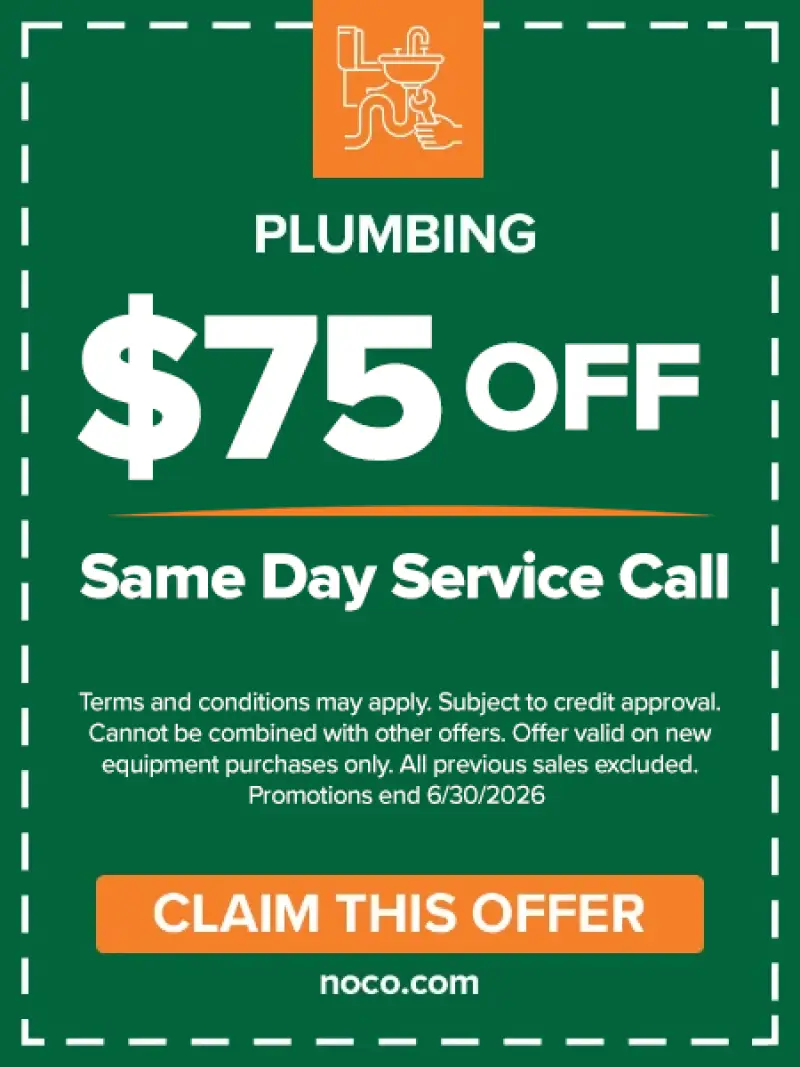 Green plumbing promo ad: 75 off same day service call. Orange button: CLAIM THIS OFFER.