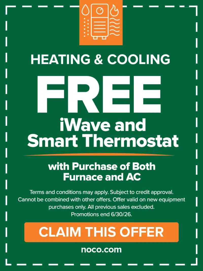 Green ad offering a free iWave and smart thermostat with furnace and AC purchase; claim button.