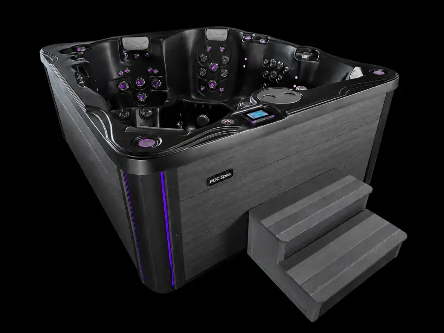 Midnight Biscayne hot tub with Bold Luxurious Black acrylic shell and gray Midnight cabinet