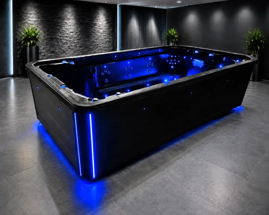 Midnight Splash swim spa installed indoors glowing with blue lighting